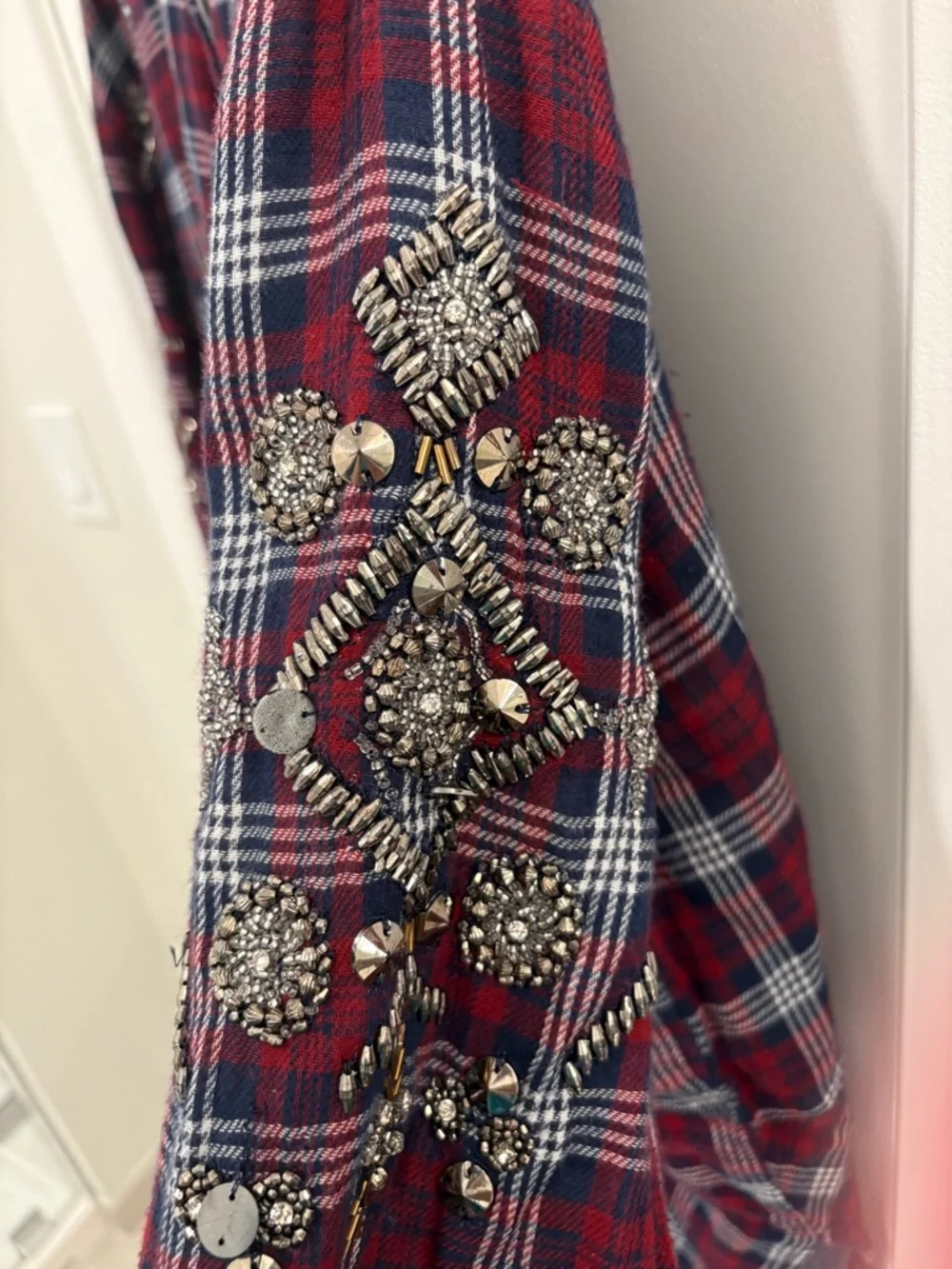 Free People Downtown Romance Red Blue Oversized Embellished Plaid Shirt Size L
